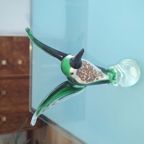 Vintage Hummingbird Art Glass Sculpture - Murano Style Green Gold Figurine - Picture 2 of 8